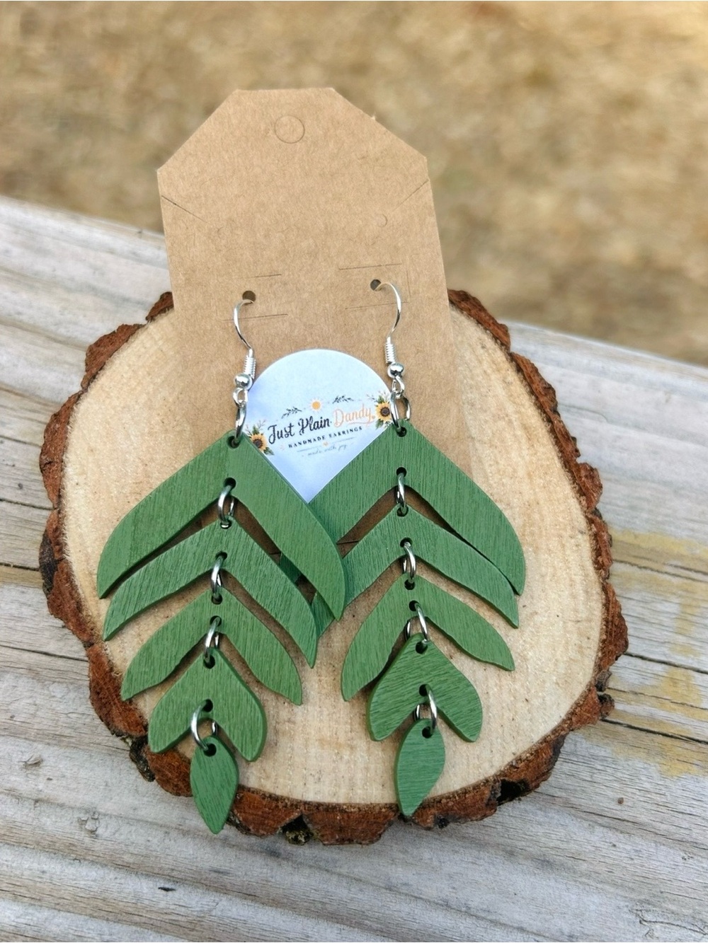 Sage Green Wooden Leaf Dangle Earrings Boho Nature Lightweight Handmade - Picture 2 of 3